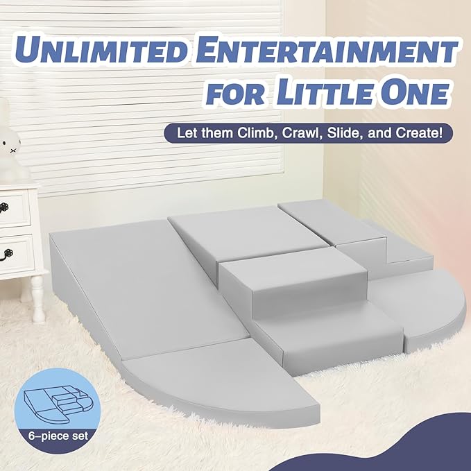 6-Piece Soft PU Leather Toddlers Climbing Toys, Baby Foam Climbing Blocks for Kids 3, Baby Climbing Structures Play Gym for Toddlers, Indoor Climb and Crawl Activity Play Set