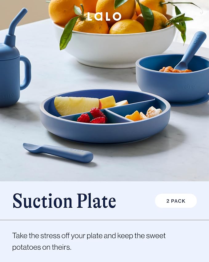 Lalo Suction Plates - 2 Pack, 100% Silicone Non-Toxic BPA-Free Baby Plates with Suction Base To Prevent Accidental Tip-Overs - Suction Plates for Toddlers With Three Divided Sections - Blueberry