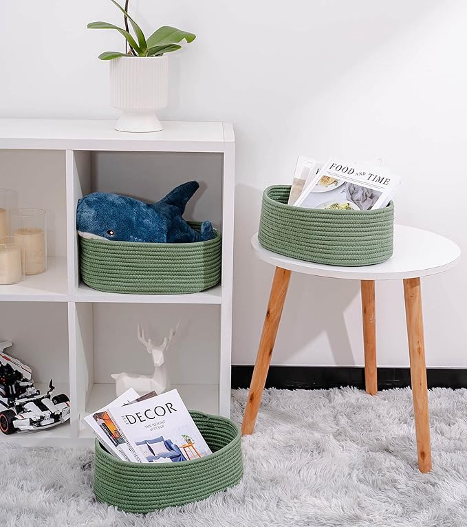 Shelf Storage Baskets for Organizing|Decorative Basket for Closet Storage|Toy Baskets&Bins|Small Woven Rope Baskets-13x8.66x5.11’’,Durable&Stylish,Oval 3 Packs Green