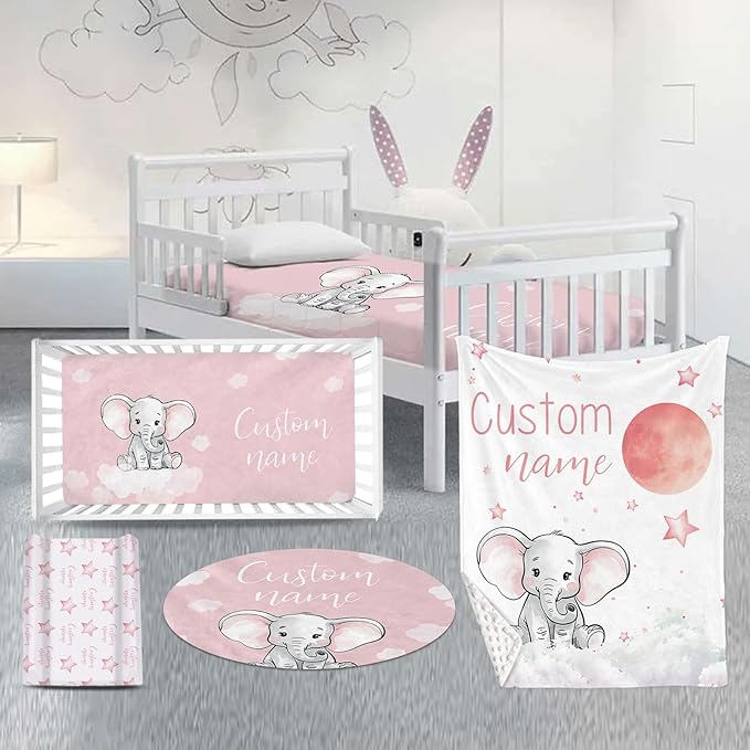 Custom Nursery Crib Bedding Set: Personalized Name 4 Piece Starry Sky Elephant Design Baby Crib Sets for Girls - Toddler Double Layer Blanket Set, Comfortable Crib Bed Sheets for Baby Toddlers