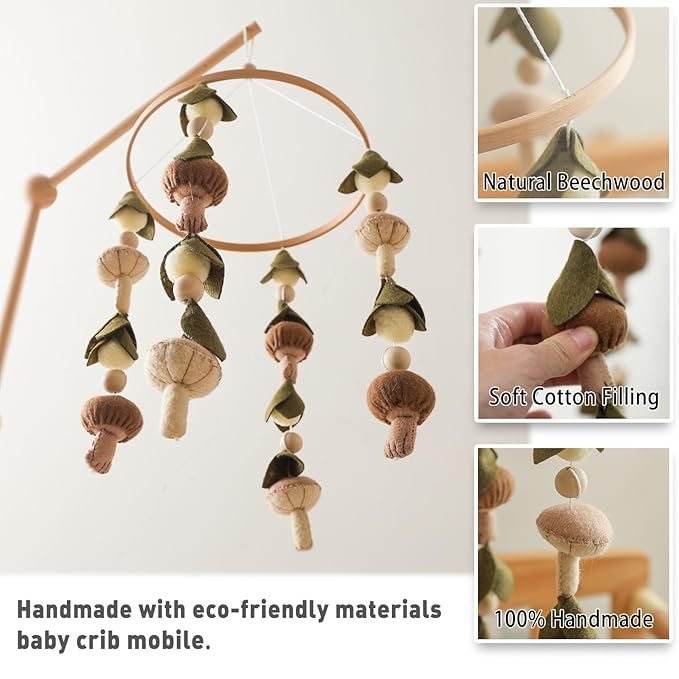 Baby Mobile for Crib,Crib Mobile for Boys Girls, Soft Crib Toys Hanging，Baby Mobile for Bassinet，Boho Nursery Decor Neutral（Mushroom，Leaves,Cotton）