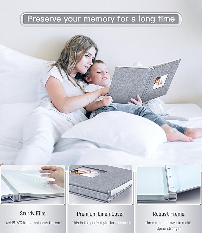 popotop Photo Album Self Adhesive with Picture Display Window,60 Pages DIY Scrapbooking Supplies Kit for 4x6 10x12 Picture,Linen Cover Memory Book for Baby Wedding, with Scraper and Metallic Pen