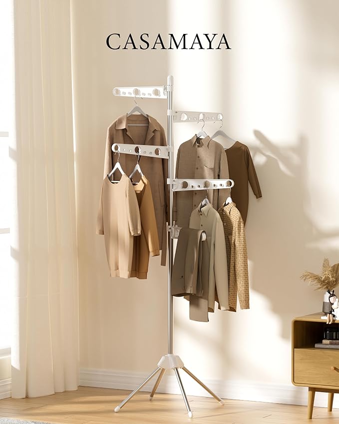 Clothes Drying Rack Foldable, 70.9 inch Tripod Drying Rack for 35 Pieces of Clothes, with Height-Adjustable Rotatable Clothes Rails, Space Saving, Stainless Steel, White and Silver CDR005W01