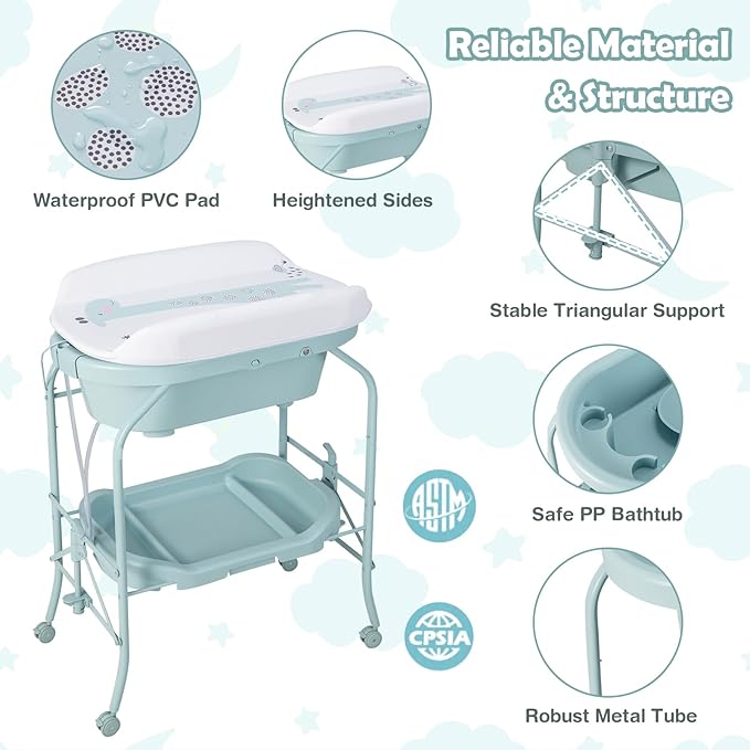 HONEY JOY Baby Changing Table with Bathtub, Foldable Infant Diaper Changing Station with Wheels, Storage Tray, Waterproof Pad, Portable Newborn Nursery Organizer Bath Stand for Boys Girls (Blue)