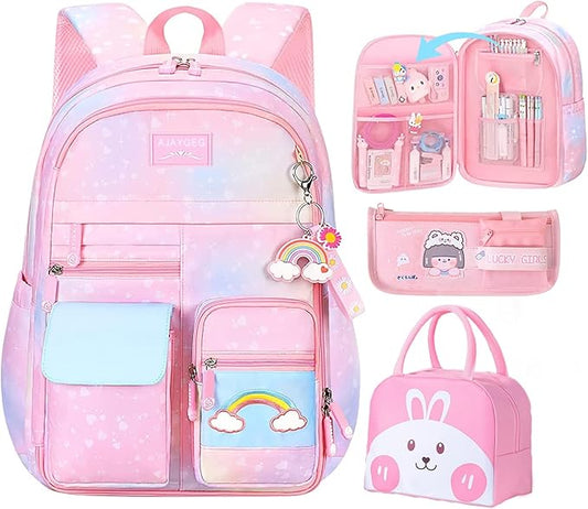 Kawaii Backpack, Pink Backpack for Girls, Kid Starry Rainbow Bookbag, Cute Backpack for Kids, Aesthetic Backpack, Pink(3 PCS Set)