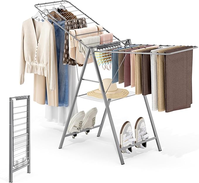 APEXCHASER Drying Rack Clothing, Clothes Drying Rack Foldable, Metal Laundry Drying Rack Collapsible for Sweater Towel Indoor & Outdoor, Height Adjustable Gullwing Clothes Airer, Grey