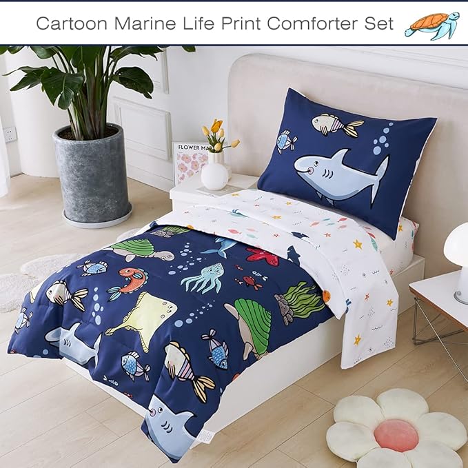 PERFEMET 4 Pieces Twin Bed in A Bag Navy Blue Ocean Animal Themed Kids Comforter Set for Boys Girls Soft Reversible Marine Life Bed Set with Kids Sheets(Navy Blue, Sharks/Dolphins/Fish)