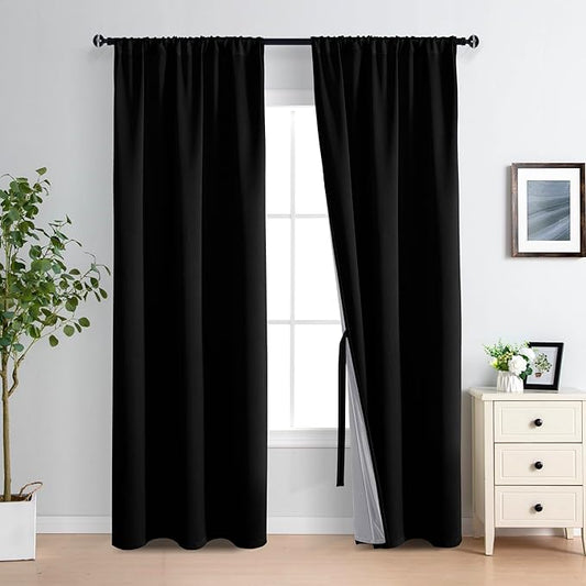 XWZO 100% Blackout Curtains 84 Inches Long with Tiebacks- Privacy Protection, Energy Efficiency Window Draperies Rod Pocket with Black Liner for Bedroom/Living Room, Black, W42 x L84, Set of 2