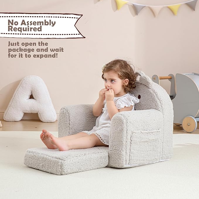 Toddler Chair,Sherpa Bear Kids Chair,Toddler Couch Fold Out,Children Reading Chair,Flip Out Kids Couch,Toddler Sofa Convertible for Age 1-3(Grey Bear)