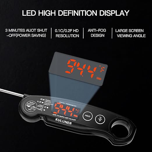 1-Second Rapid and Accurate Meat Thermometer - Waterproof Multifunctional Kitchen Food Thermometer, Ideal for Frying, Smoking, Grilling and More (Black)