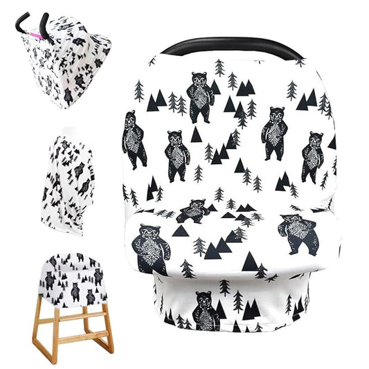 Stretchy Baby Car Seat Cover for Baby Boys and Girls,Multiuse - Nursing Breastfeeding Covers,Shopping Cart/High Chair/Stroller Covers,Infinity Scarf,Car Seat Canopies(Ink Bear)