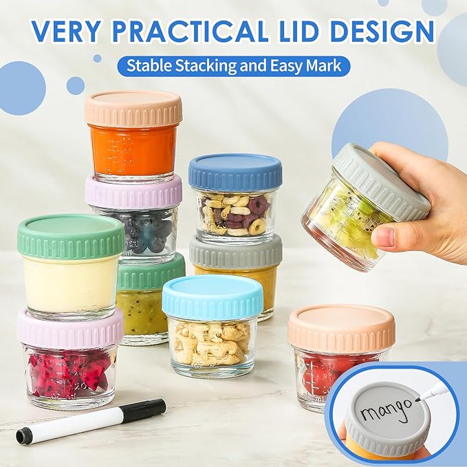 DRKIO 6 Pack Glass Baby Food Storage Containers - 4 Oz Baby Food Jars with Lids Baby Food Maker Microwave Dishwasher Freezer Safe 100% Leak Proof BPA Free Reusable