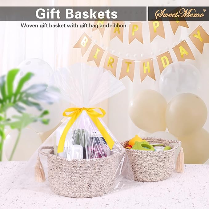Empty Gift Basket – SweetMemo Mini Woven Rope Organizer Baskets for Gifting, Baby Shower, Desk, Makeup Brushes, Bathroom, Shelves – Small Decorative Storage Bin with Gift Bag & Ribbon – Warm Brown