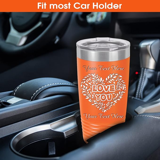 Personalized Gifts, Travel Coffee Mug, Engraved Tumbler with Names and Text, Personalized Cups Double Walled Insulated Coffee Cup for Travel, Work, Gym, Gift for Her, (Orange, 20oz)