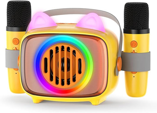 BIGASUO Karaoke Machine for Kids, Mini Portable Bluetooth Speaker with 2 Wireless Microphones and LED Lights, Kids Toys Ideal Gifts for Girls & Boys Birthday Home Party Yellow-2Pack