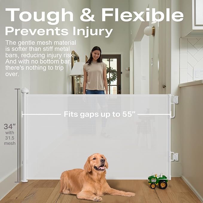 Cumbor 2-Pack Retractable Baby Gates for Stairs, 55" Wide Soft Mesh Pet Gate for Dogs with One Hand Opening, 34" Tall Toddler Gate with Top Lock for Bedroom, Doorways, Indoor/Outdoor, White