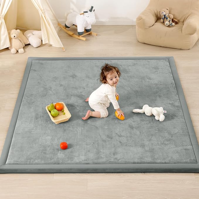 1.3" Thick Baby Play Mat for Floor, 79x79 Large Foam Tummy Time Mat, Padded Support Soft Plush Nursery Rug for Infant Kids Toddler Crawling Kick Activity (Light Grey)