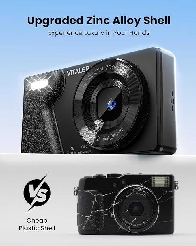 Digital Camera with Front Rear Lens, Autofocus 64MP 4K Camera for Photography with 32GB Card, Portable Compact Point and Shoot Camera for Teens Adult Beginner with Metal Shell, 2000mAh Battery