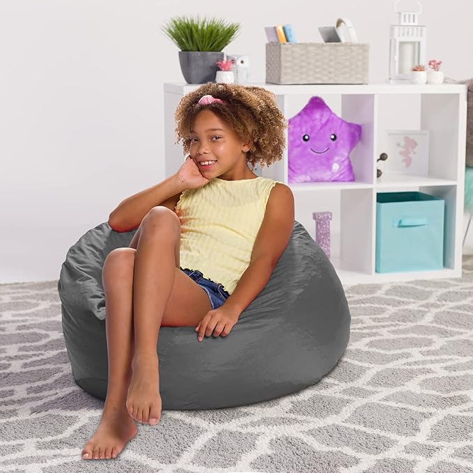 Posh Creations Structured Comfy Seat for Playrooms and Bedrooms, Large Bean Bag Chair, 100in Round Classic Bean Bag, Charcoal Gray
