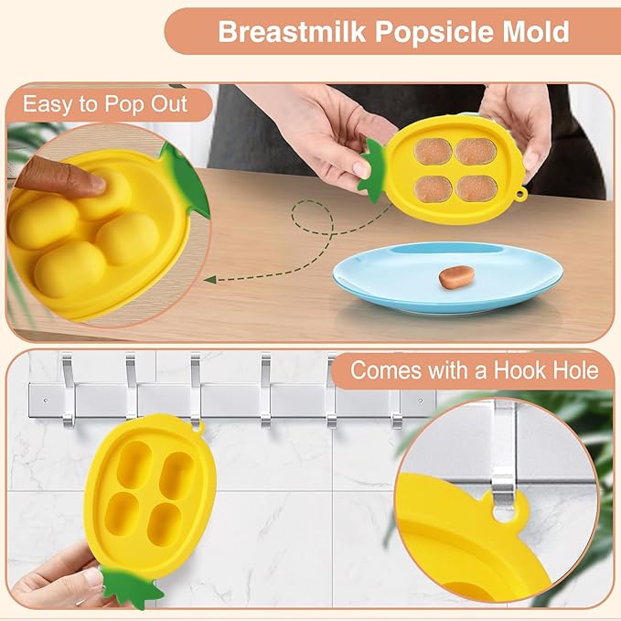Baby Fruit Food Feeder - Silicone Nibble Tray Combo - Breastmilk Popsicle Mold for Cooling Relief, BPA Free Mesh Feeder for Infant Self Feeding (Monkey Pink + Pineapple)