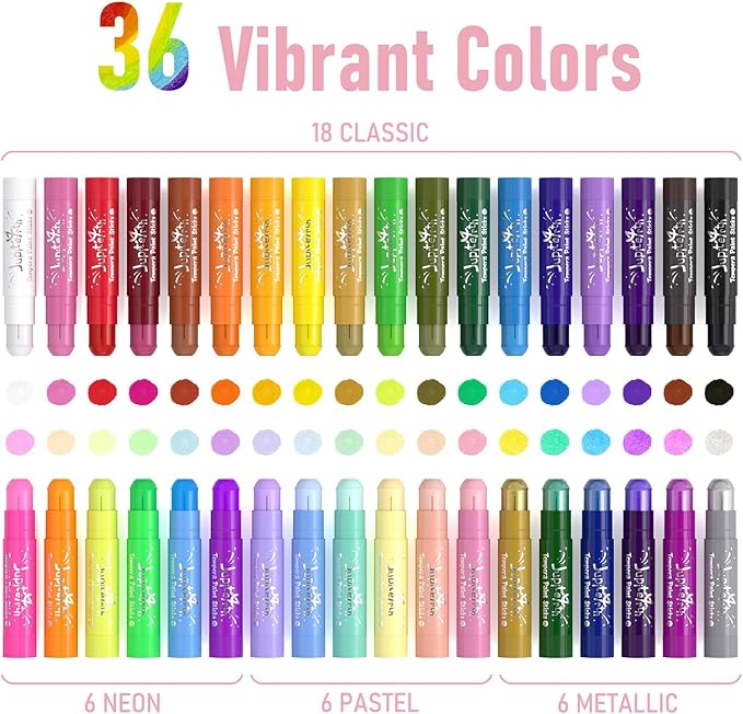Paint Sticks for Kids 36 Colors, Quick Drying, Smooth, Non-Toxic and Washable Solid Tempera Paint Sticks with 120 PDF Coloring Pages and 30 Stickers, Toddler Art Supplies for Drawing