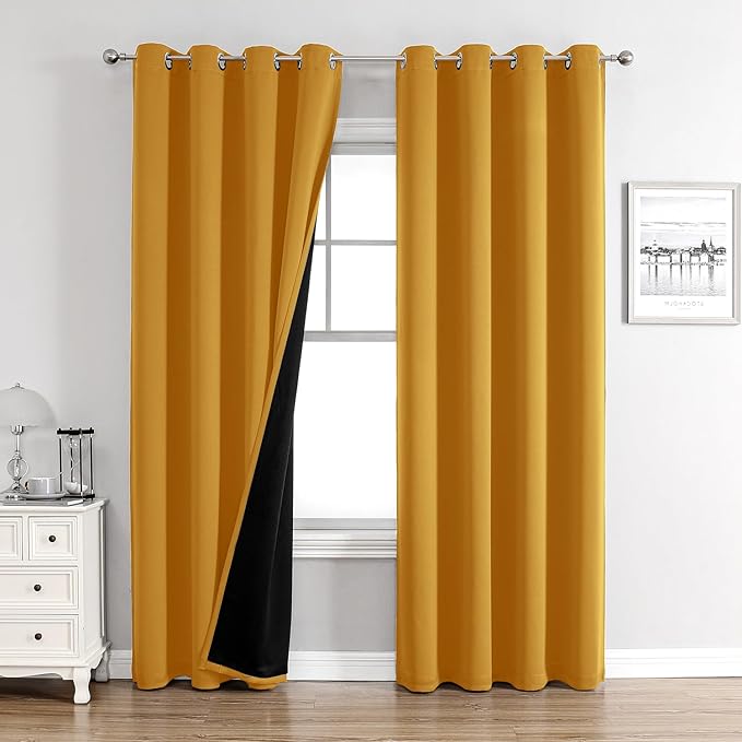 ChrisDowa 100% Blackout Curtains for Bedroom with Black Liner, 2 Thick Layers Total Blackout Thermal Insulated Grommet Window Curtains 2 Panels Set (Mustard Yellow, 52 x 72 Inch)