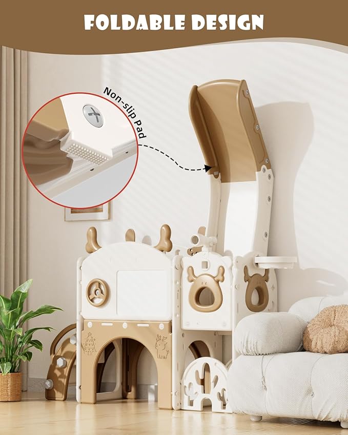 YUFU 12 in 1 Kids Slide for Toddlers, Toddler Slide Playset with Golf, Drawing Board, Climber, Basketball Hoop and Storage Space, Indoor Outdoor Toddler Playground for Kids Age 1-3 (Brown)