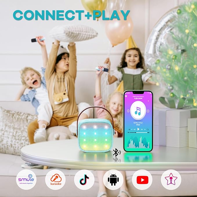 YLL Mini Karaoke Machine for Kids, Portable Bluetooth Speaker with 2 Wireless Microphones, Most Popular Birthday Toys Gifts for Boys Girls 3 4 5 6 7 8 9 10 11 12 + Year Old Party Family School(Blue)