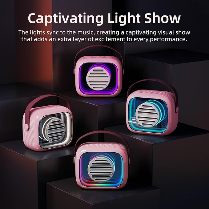 YF93 Kids Karaoke Machine with 7 Voice Effects, Bluetooth & Colorful LED Lights – Portable Singing Toy with Pro, Monster, KTV Modes for Home Parties（Pink）