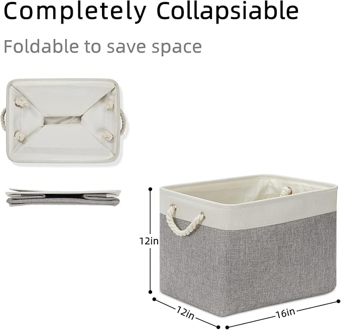 DULLEMELO Storage Baskets for Organizing 16x12x12 Large Fabric Storage Bins Baskets Set of 2 Collapsible Decorative Storage Boxes for Shelves Closets Nursery Toy Clothes (White And Grey)