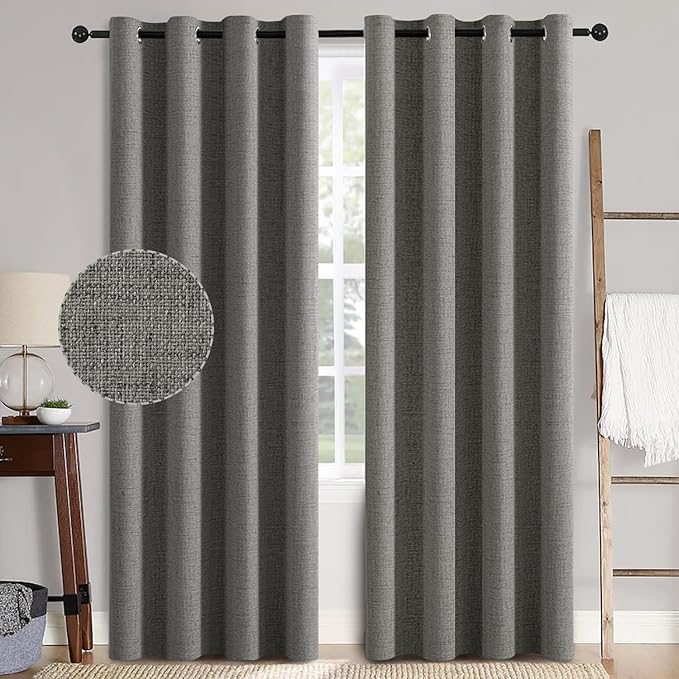 MIULEE Linen Texture Curtains for Bedroom Solid 100% Blackout Thermal Insulated Dark Grey Curtains Grommet Room Darkening Drapes Luxury Decor for Living Room Nursery 52x96 Inch (2 Panels)