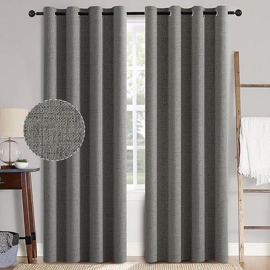 MIULEE Linen Texture Curtains for Bedroom Solid 100% Blackout Thermal Insulated Dark Grey Curtains Grommet Room Darkening Drapes Luxury Decor for Living Room Nursery 52x96 Inch (2 Panels)
