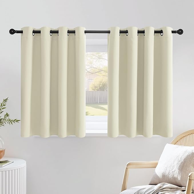 NICETOWN Short Window Curtains for Kitchen, Grommet Sunlight Reducing Solid Vertical Curtains & Drapes for Cafe & Home Office, Beige, 2 Panels, W52 x L36