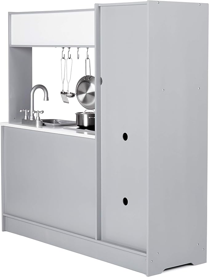 Amazon Basics Kids Kitchen Set, Play Kitchen Toy Playset for Toddlers, Preschoolers, 39"L x 11.8"W x 39"H, White & Gray