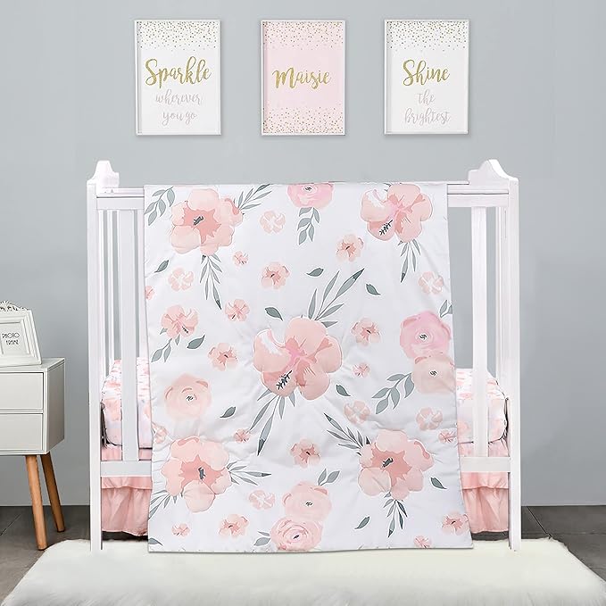 PINNKKU 3-Piece Crib Bedding Set for Boy Girls, Includes Crib Skirt, Blanket, Sheet, Baby Bedding, Floral, Mini Size