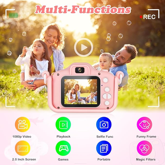 Kids Camera,HD Digital Video Camera with Protective Cover,Childrens Toys for 3 4 5 6 7 8 9 Year Old Boys/Girls,Selfie Camera for Kids,Christmas Birthday Gifts with 32GB SD Card (Unicorn Pink)