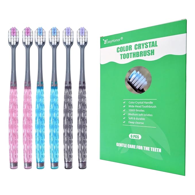 EasyHonor Soft Toothbrushes, Adult Medium Bristle Toothbrushes with Fashion Color Crystal & Non-Slip Handle and Wide-Head and Square Hole Bristles, Soft Toothbrush for Sensitive Gums (6 Pack)