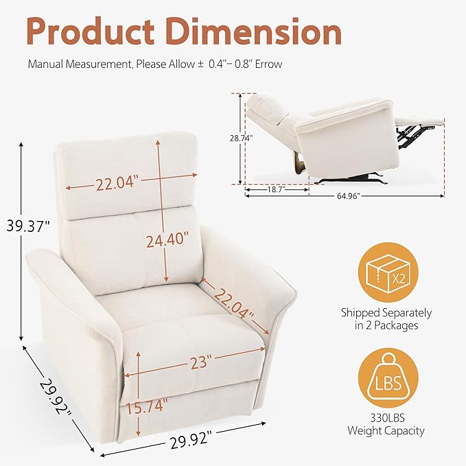 Manual Rocker Recliner Chair with Glider Motion for Nursery, 160° Recline & Wide Armrests - Overstuffed Snowflake Fleece Nursery Chair for Small Spaces, Living Room, Bedroom