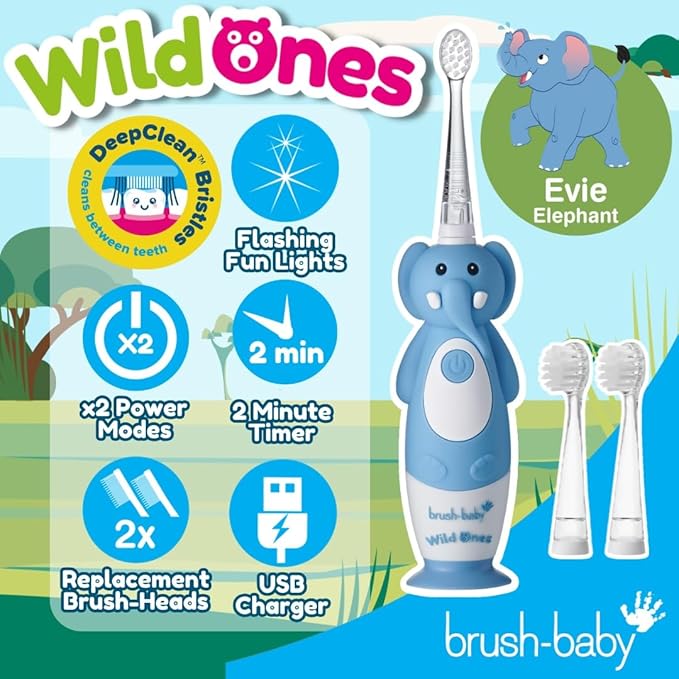 brush-baby WildOnes Kids Electric Rechargeable Toothbrush Elephant, 1 Handle, 3 Brush Heads, USB Charging Cable, for Ages 0-10 (Elephant)