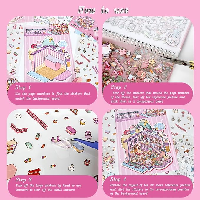 Sticker Therapy 3D Scene – 6 Sets Large Size DIY 3D Sticker Scenes with Tweezer for Adults Kids Relief Stress Pass The Time, Cute Miniature House Room Material Collection Book 02