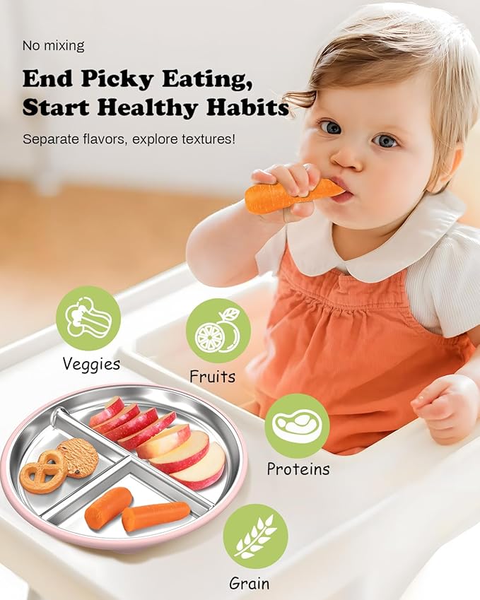 Stainless Steel Toddler Plate with Suction, 8” Divided Plates with Removable Silicone Sleeves for Baby, Non Toxic Unbreakable Kids Snack Dishes Set of 4, Sage Blue Gray Blush