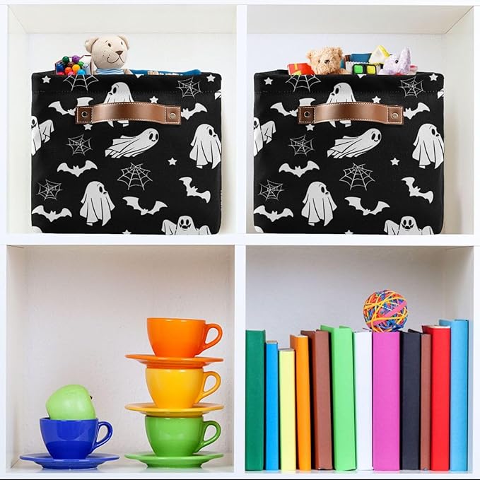 Collapsible Storage Basket Bin Happy Halloween Organizer Cube with Handle, Canvas, Black