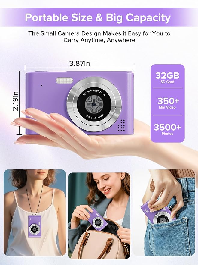 Digital Camera, Kids Camera1080P, Vlog Camera with 64GB Card, 16X Zoom Anti Shake, Card Reader, 44MP Compact Portable Small Point Shoot Digicam Gift for Kid Student Children Teen Girl Boy(Pruple)