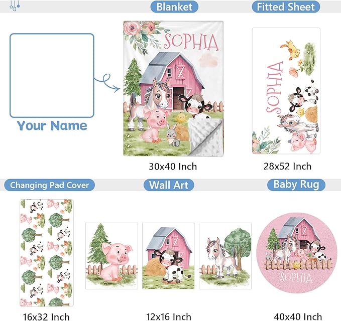 Personalized Baby Bedding Set, 5 Pcs Custom Crib Set With Name, Double Layer Nursery Bedding, Soft Farm Animal Set for Boy Girls, Customized Gift for Toddler Infant