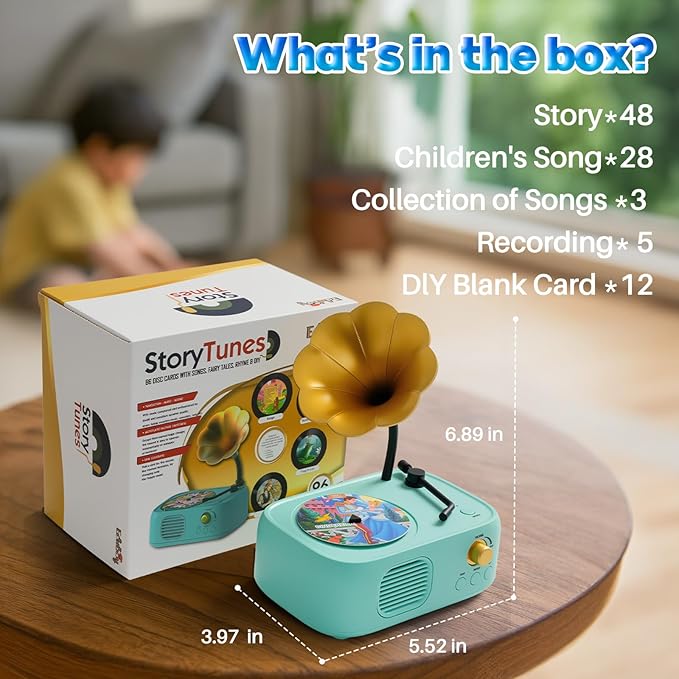 Kids Phonograph Toddler Record Player， with 96 Learning Cards, Early Education Machine Record Player Music Box Storyteller pop Speakers, Gift for Boys and Girls