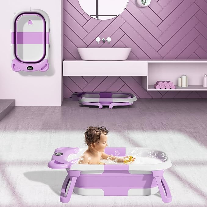 TPN Collapsible Baby Bathtub, Baby Bath Tub with Soft Cushion & Real-Time Thermometer, Baby Bathtub Infant to Toddler Tub (0-36 Months), Portable Newborn Travel Bath tub