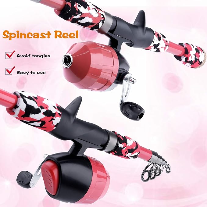 ODDSPRO Kids Fishing Pole Pink, Portable Telescopic Fishing Rod and Reel Combo Kit - with Spincast Fishing Reel Tackle Box for Girls, Youth