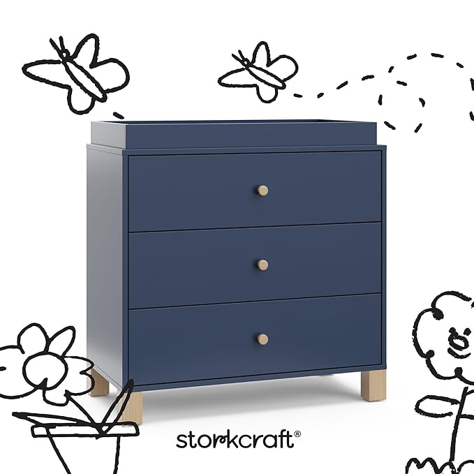 Storkcraft California 3-Drawer Chest with Removable Changing Topper (Midnight Blue with Driftwood) – GREENGUARD Gold Certified, Interlocking Drawer System, Pre-Installed Tracks, Easy Assembly