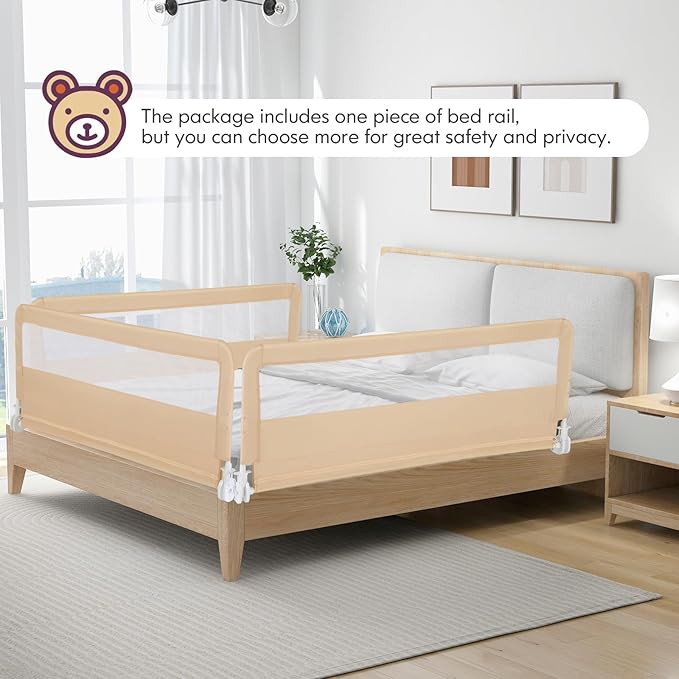 BABY JOY Bed Rails for Toddlers, 59'' Extra Long, Swing Down Bed Guard w/Safety Strap, Folding Baby Bedrail for Kids Twin, Double, Full Size Queen & King Mattress (59-Inch, Beige)