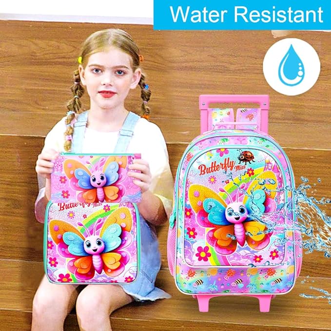 gxtvo Girls Rolling Backpack, Cute Butterfly Roller Wheels Kids Bookbag - Wheeled Elementary School Bag - 3PCS Butterfly